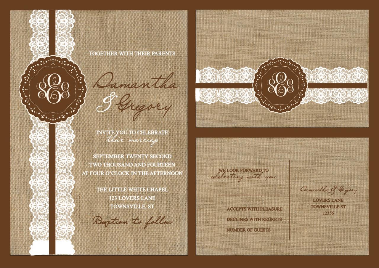 100 Sets Personalized Wedding Invitation With Burlap And Lace Rsvp Postcard//fully Customized To Your Wedding